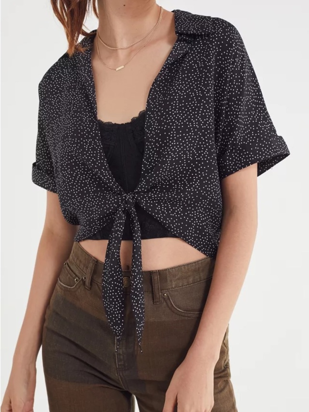Urban Outfitters Black & White Polka Dot Tie-Front Crop Top